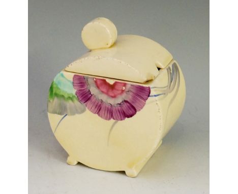 Clarice Cliff  - a Bizarre pattern preserve jar and cover of circular design with detachable cover and bar feet, 10cm high, p