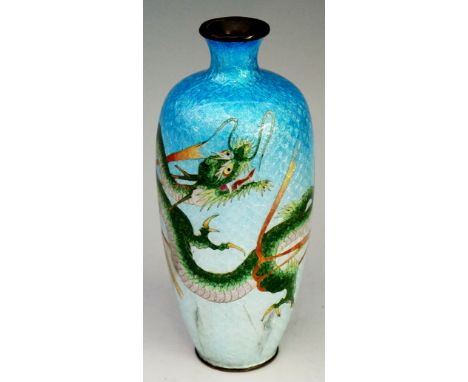 A Japanese Cloisonné enamel vase decorated with a green dragon on a shaded bright blue to pale blue ground, 16cm high, late 1