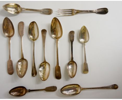 A quantity of 19th Century flatware including: 
Three Fiddle pattern dessert spoons, each engraved with initials - various ma