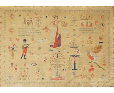 A large early Victorian needlework sampler worked in coloured wools with central figures, houses, birds, crucifix, hunter, do