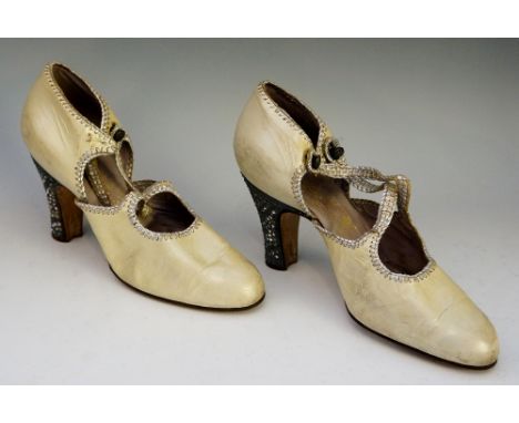 A pair of Art Deco jeweled heels by Luben Bentoff Bottier, 155 Rue Montmartre, Paris, each has beading and paste stones set i