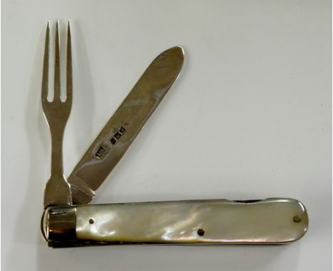 Samson Mordan & Co - a folding silver and mother of pearl knife and fork, the mother of pearl handle with vacant shield shape