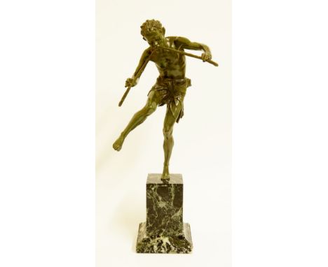 Edouard Drouot - a green patinated figure of Pan standing on one foot playing pipes, veined green marble pedestal and base, t