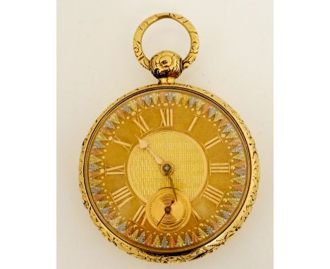 A fine English 18ct gold pocket watch with foliate cast case the back engine turned, the dial finely engine turned to the cen