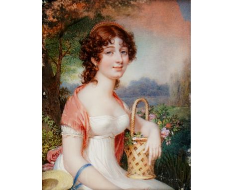 A fine early 19th Century portrait miniature of a seated young girl holding a basket of flowers, her hat on her right arm, an