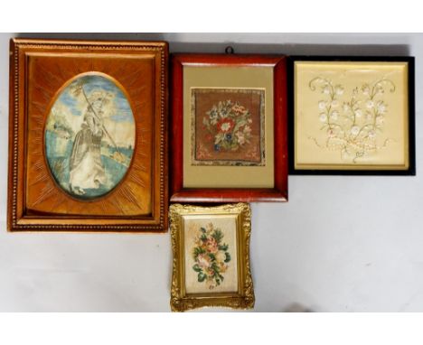 A collection of four Georgian tapestry pictures - two petit point floral pictures worked in coloured wools; a silk embroidery