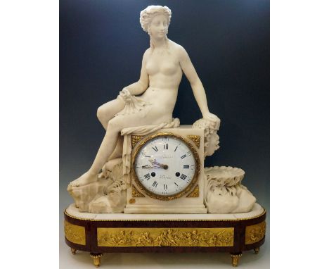 Lenoir, Paris - a late 18th / early 19th Century mantel clock with finely carved white carrara marble case the naked female w