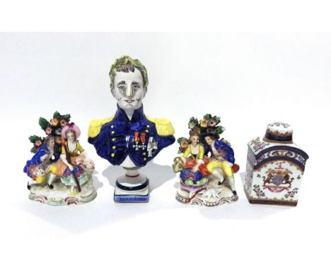 A ceramic bust of Napoleon 20cm tall, two gold anchor bocage figural groups of courting couples and a Samson Paris armorial t