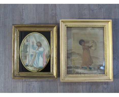 Two Georgian silk works one depicting child walking along the coast holding her dog in the air (the silk has split/deteriorat