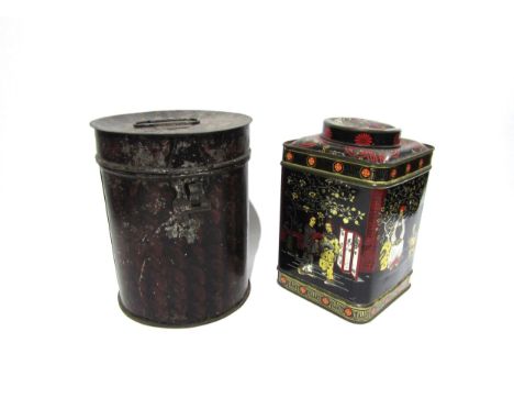 A vintage tin cannister and vintage chinoiserie tea cannister, 23 cm tall (2) 