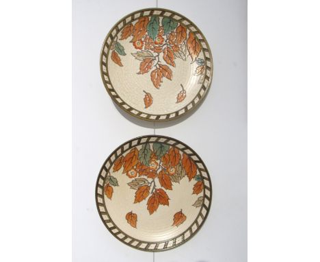 Two Charlotte Rhead chargers with orange foliate decoration pattern.  Number 4921 one with marks for Crown ducal 32cm diamete