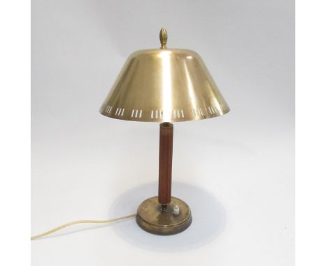 A retro wood and brass table lamp with pierced brass shade, 42cm tall 