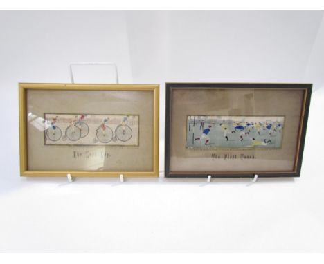 Two 19th Century Stevengraphs of a sporting theme: 'The Last Lap' depicting a penny farthing race, and 'The First Touch' depi