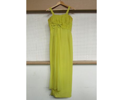 JEAN ALLEN: A superb vintage late 1950's early 1960's silk chiffon evening dress in chartreuse. The dress has shoulder straps