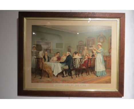 A Victorian print 'Christmas comes but once a year', framed and glazed, 64cm x 84cm 
