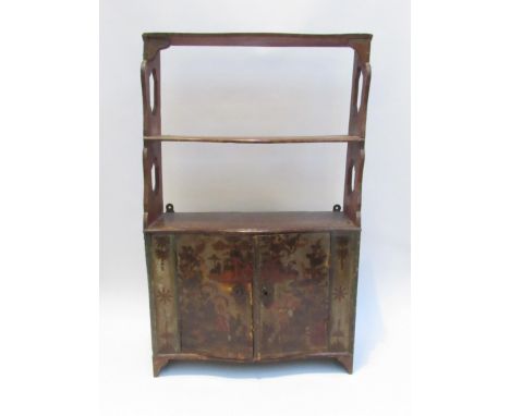 A Georgian painted wall hanging shelf with cupboard, chinoiserie decoration, 75cm x 46cm x 17cm 