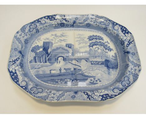 A 19th Century Spode blue and white turkey plate, 52cm x 40.5cm 