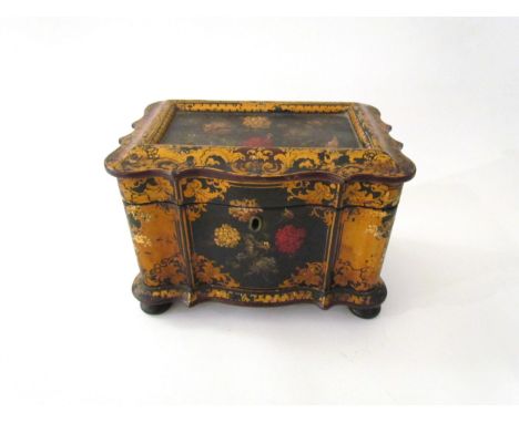 A late 19th / early 20th Century papier mache double tea caddy, hand painted with flowers, gilt embellishment (hinges a/f), 1