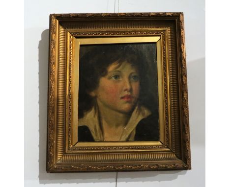 FOLLOWER OF WILLIAM OWEN (1769-1825): An oil on canvas portrait of boy, white collar, 25cm x 20cm, gilt framed 