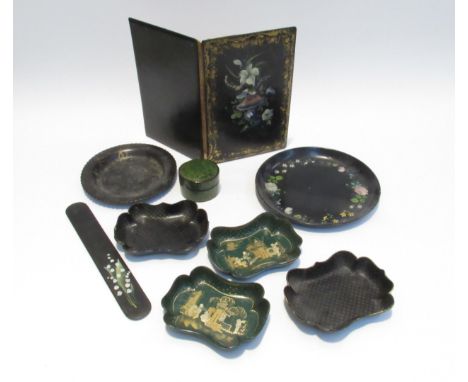 19th Century papier mache items including page turner, trinket box, chinoiserie pin dishes, blotter (9) 