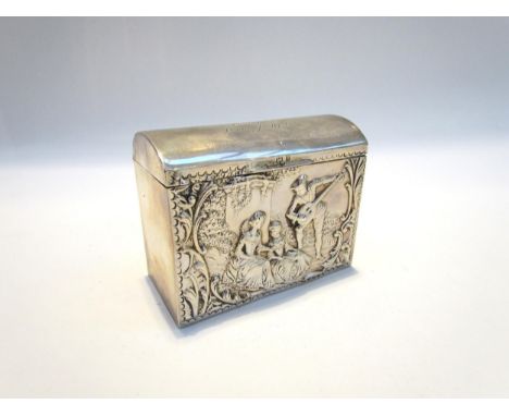 A Henry Matthews silver playing card box, embossed design of musician playing to seated ladies to front, estate gardens to re