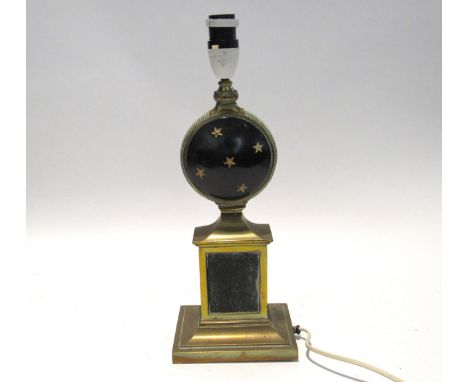 A 19th Century brass table lamp with central night sky roundel, 37cm tall without shade 