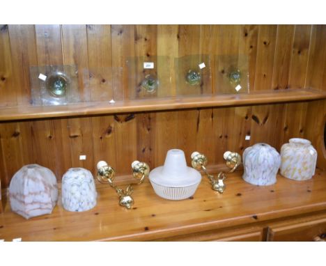 Lighting - An Art Deco frosted glass marbled light shade; others similar; a pair of cast brass two branch wall sconces, etc