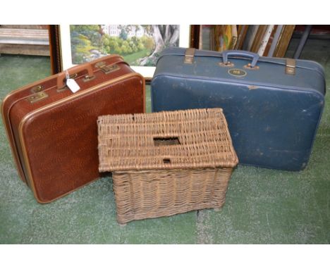Wickerwork fisherman's kreel; two vintage overnight cases. (3)