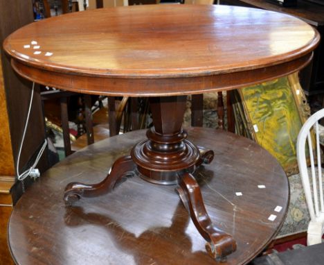 A Victorian mahogany loo table, oval top, cockbeaded frieze, tapering octagonal column, circular stepped socle, three cabriol