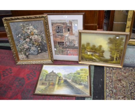 Pictures and prints - two framed oil on canvas, canal scene, rural landscape; print of cat sitting on wall, ornately framed p