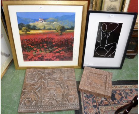 Pictures and Prints - two resin moulded wood effect wall panels; a Matisse type print; a large decorative print (4) 