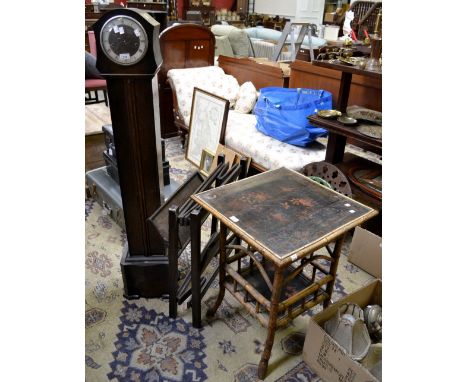 A bamboo and lacquer occasional table; an Enfield grandmother clock case (no movement); a folding tea trolley frame (no tray)
