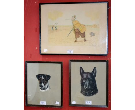 A French shooting print, signed in pencil; two dog prints, Terriers, Guy and Jock, by Amy Scott