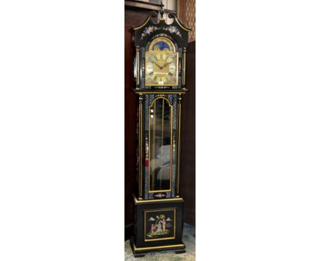 A modern japaned longcase clock, Franz Hermle 451-053 HS movement, turned finial, broken swan neck pediment, arched dial, sun