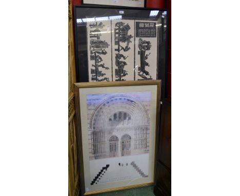 Alfred Waterhouse, after, design for the entrance to the Natural History Museum, lithographic print, framed; a framed Chinese