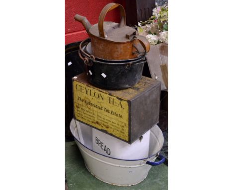Kitchenalia - An enamelled bread bin; others including jam pans, handled wash tub, etc; a hot water can with painted wood gra