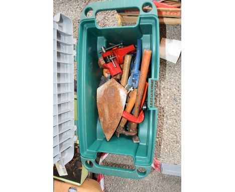 Wheeled gardening toolbox together with various hand tools, hammers, wire brushes etc