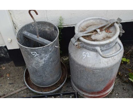 Galvanised bird feeder, height 50cm, along with a vintage milk churn, height 55cm