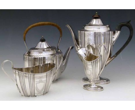 Victorian silver neo-classical four-piece tea and coffe service, John Batson, London 1882, of coffee, tea kettle, milk and su