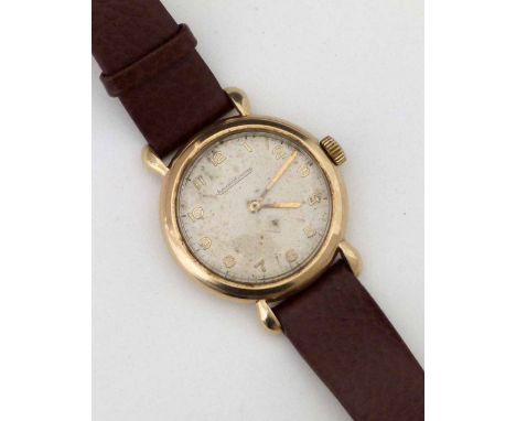 Jaeger-LeCoultre 9ct gold man's wristwatch, Dennison case Birmingham 1952, off white Arabic dial (speckled), gilt hands (mino
