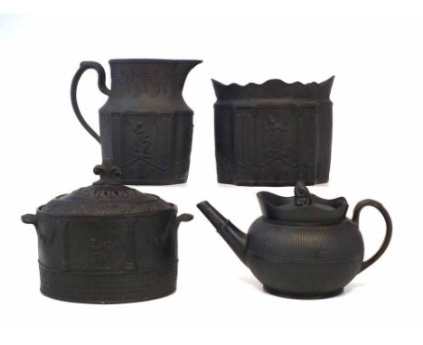 Four items of Black Basalt, to include a lidded sucrier, a Birch teapot, a sucrier and jug by Eastwood, impressed marks to ba