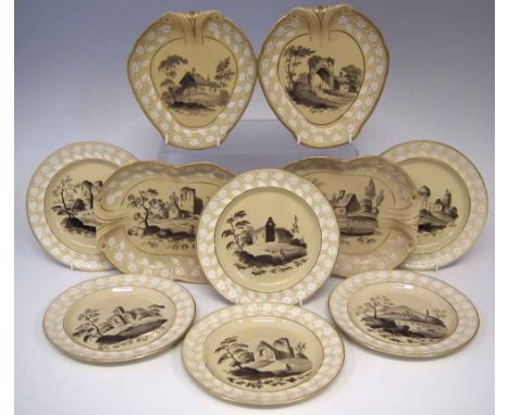 Lakin drab ware dessert service circa 1815,  with sprig moulded floral borders painted en grisaille with landscapes, comprisi