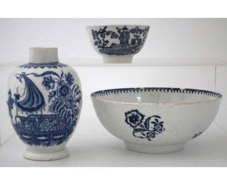 Liverpool Seth Pennington teabowl and a slop bowl circa 1780, one printed with a Gillyflower pattern the other with an Orient