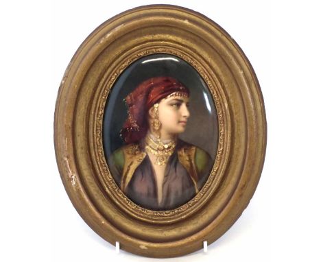 KPM porcelain oval plaque, painted with a portrait of a lady set within oval frame, impressed mark to reverse, mid 19th centu