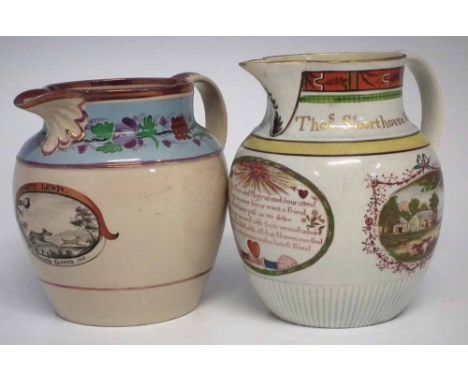 Two early 19th century named jugs, one painted with a master's hat and whip along with a whippet and terrier, named 'Joseph L