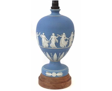 Wedgwood blue jasper dip lamp base,   decorated with dancing hours, fitted on wood base, impressed Made in England, 34.5cm hi