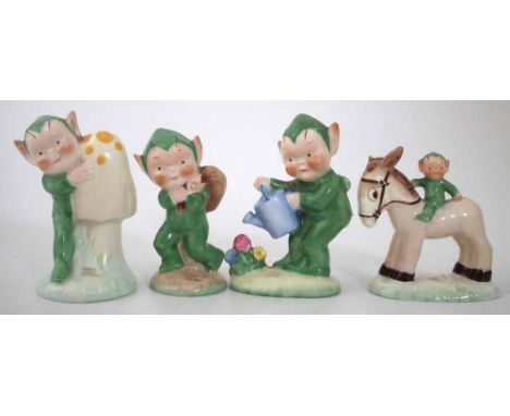 Four Shelley Mabel Lucie Attwell Pixie models  model numbers L.A. 10, 11, 13, and 17, printed marks to base, (4) 7.5cm high  
