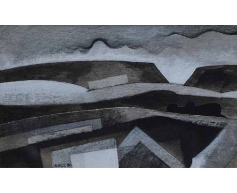 Geoffrey Key (1941-),   "Grey Landscape", signed and dated '86, titled on artist's label verso, mixed media, 15.5 x 25.5cm.; 