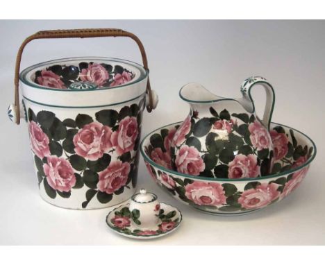 Wemyss wash set, painted with cabbage roses, also a similar inkwell, T.Goode & Co. retailers stamp, (6)     Condition report: