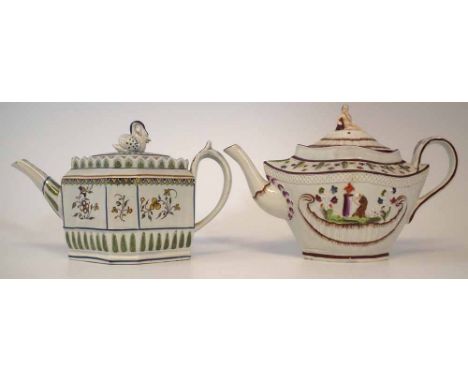 Two Prattware teapots circa 1800, both with moulded bodies, one with swan finial, the other with cherub finial, painted in Pr